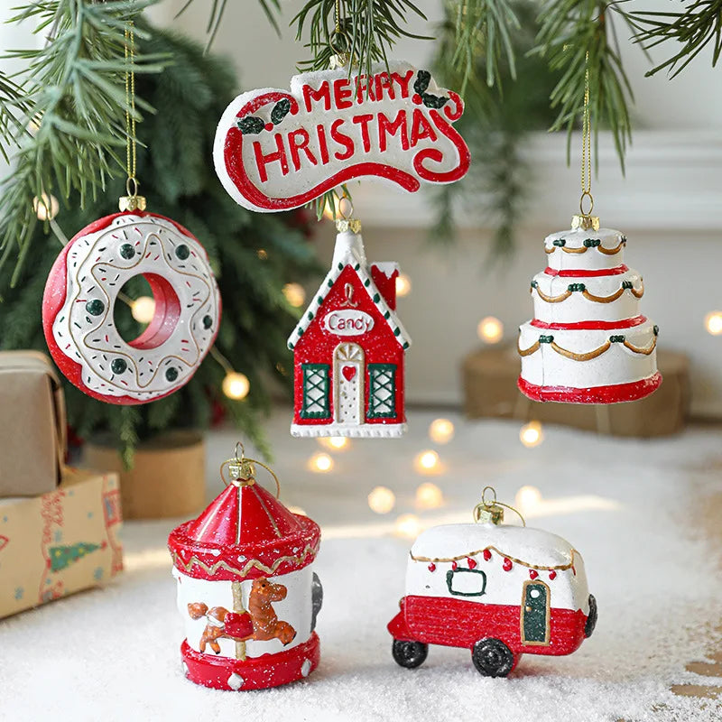 Charming Painted Wooden Christmas House Pendant