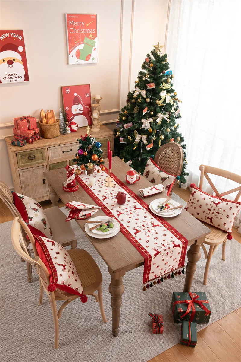 Luxurious Red Jacquard Tassel Table Runner for Christmas - Image 19