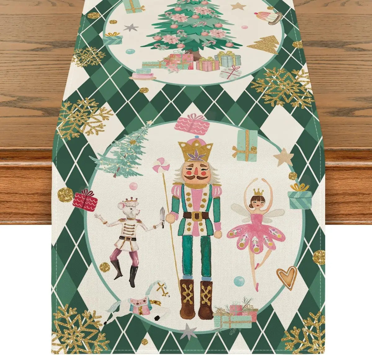 Christmas Pink Plaid Nutcracker Table Runner Decor - Image 2