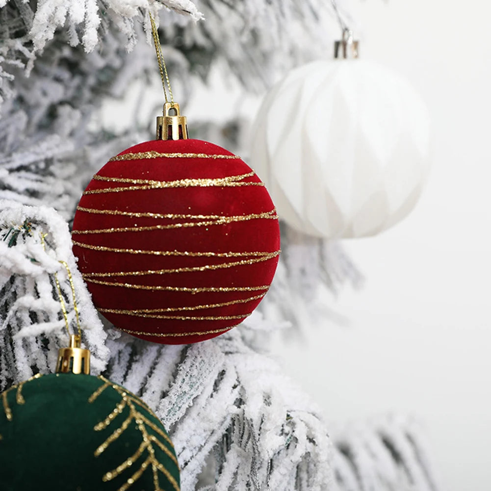 6PCS Flocking Christmas Ball Ornaments - Red & Green - Image 17
