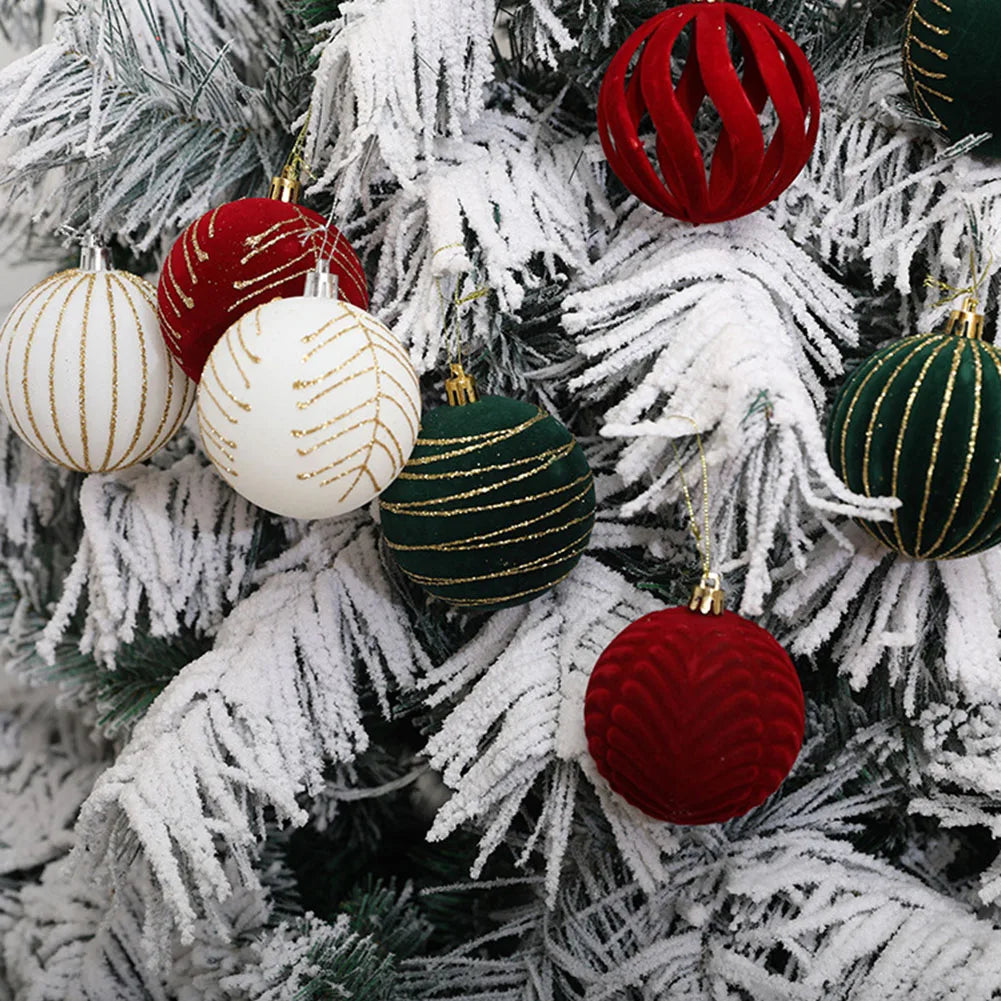6PCS Flocking Christmas Ball Ornaments - Red & Green - Image 18