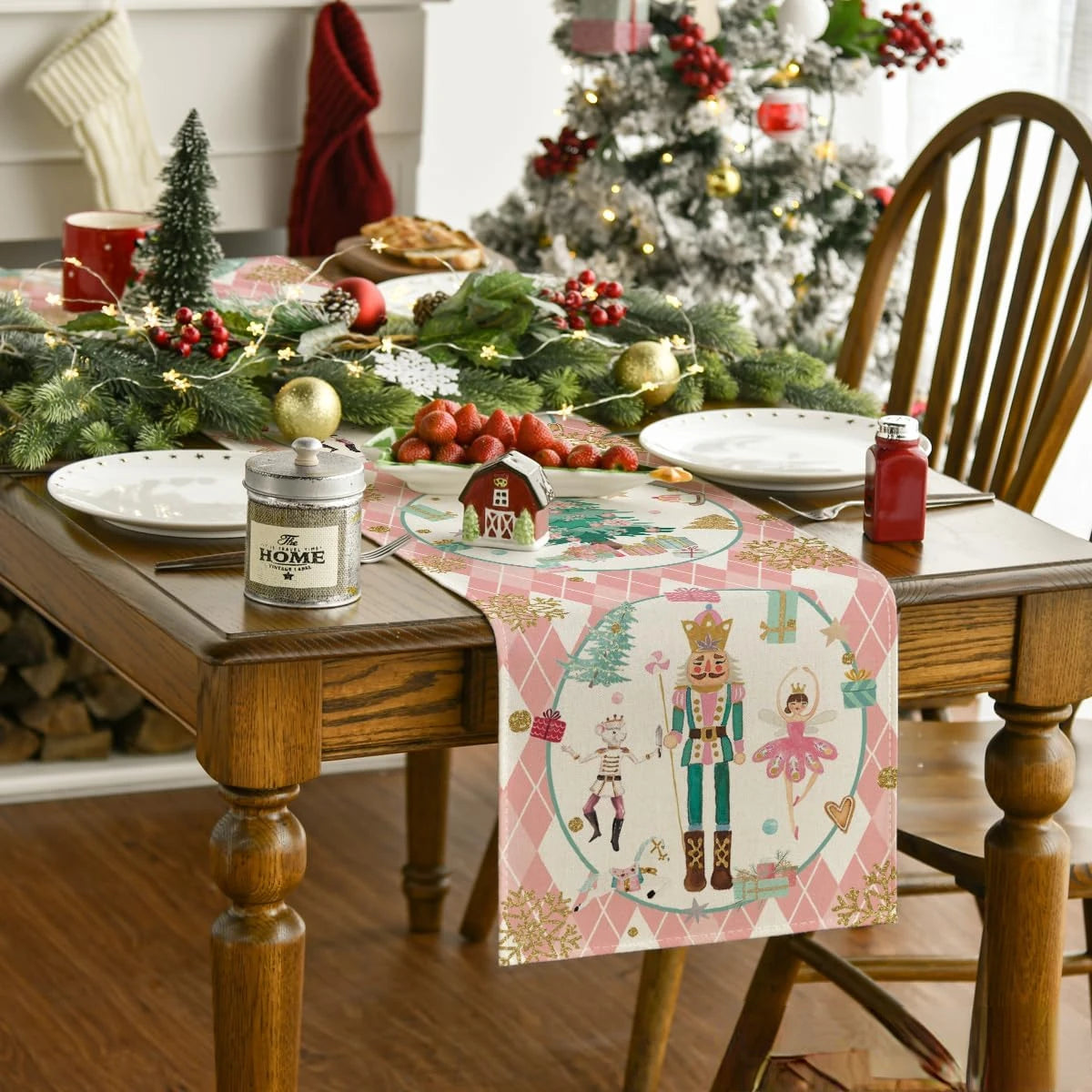 Christmas Pink Plaid Nutcracker Table Runner Decor - Image 5