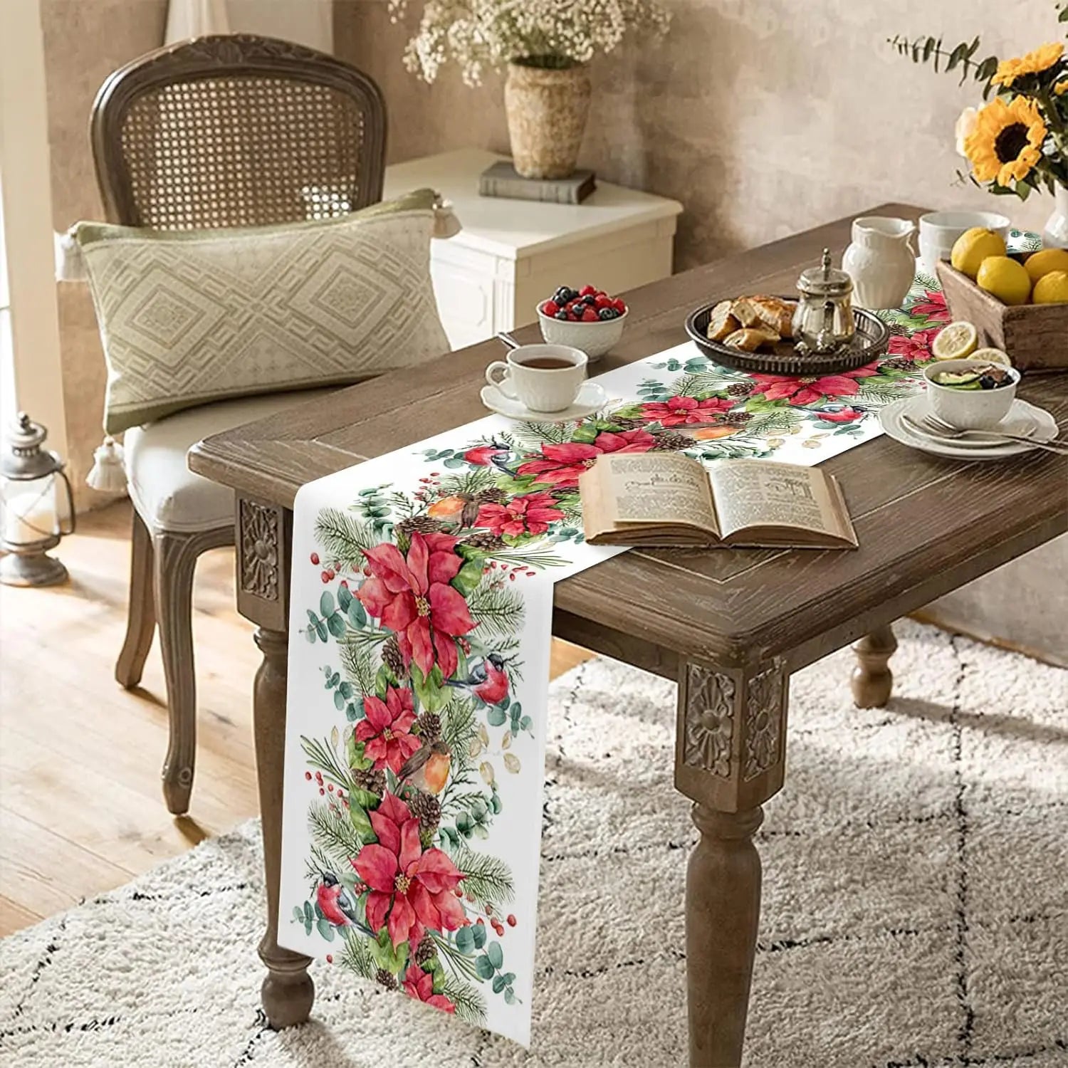 Festive Poinsettia & Pine Cone Table Runner - Image 7