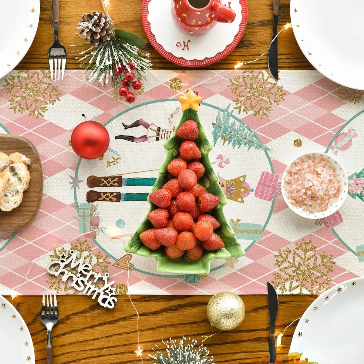 Christmas Pink Plaid Nutcracker Table Runner Decor - Image 7