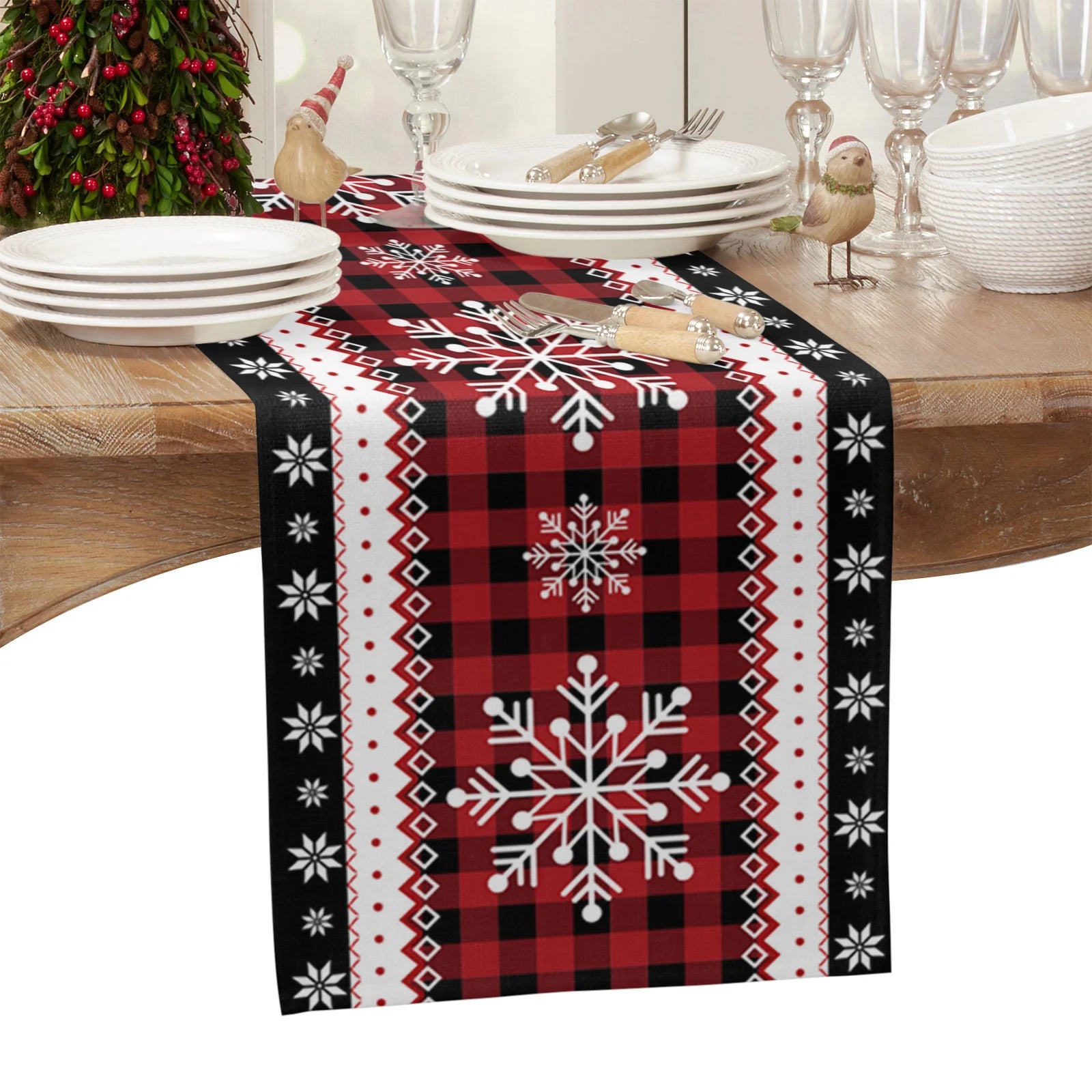 Christmas Red Plaid Snowflake Table Runner - Image 2