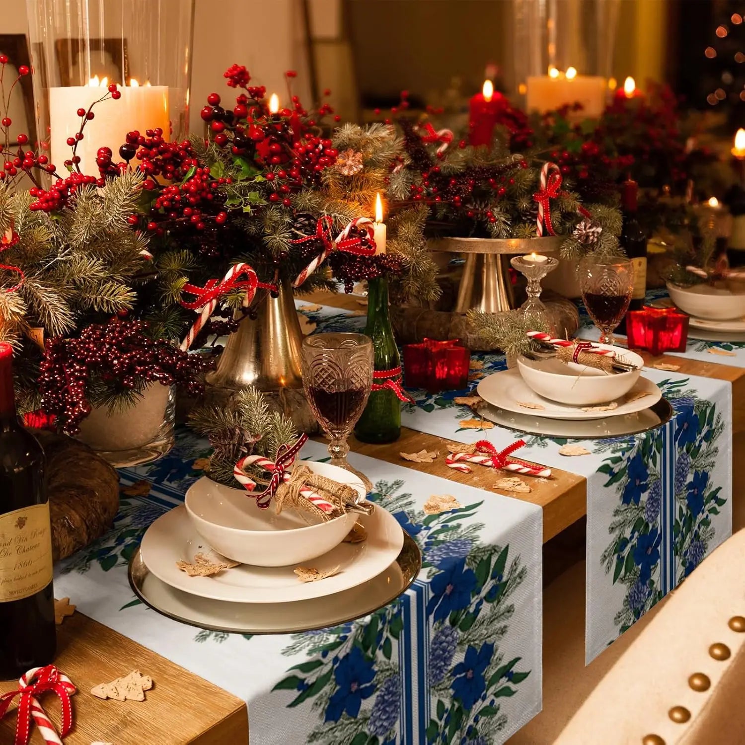 Elegant Blue Poinsettia Table Runner for Holidays - Image 4