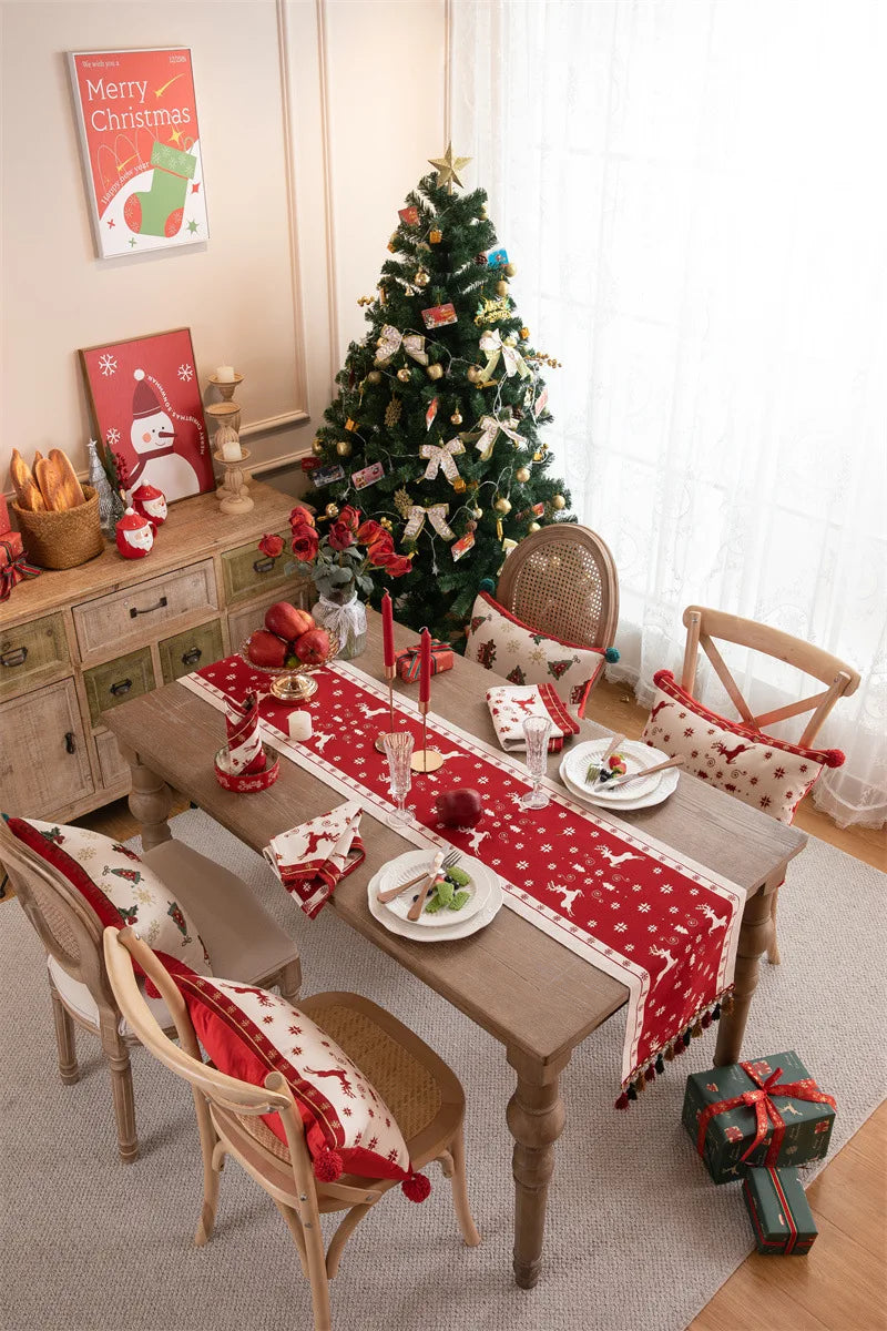 Luxurious Red Jacquard Tassel Table Runner for Christmas - Image 30