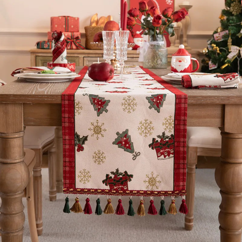 Luxurious Red Jacquard Tassel Table Runner for Christmas - Image 4