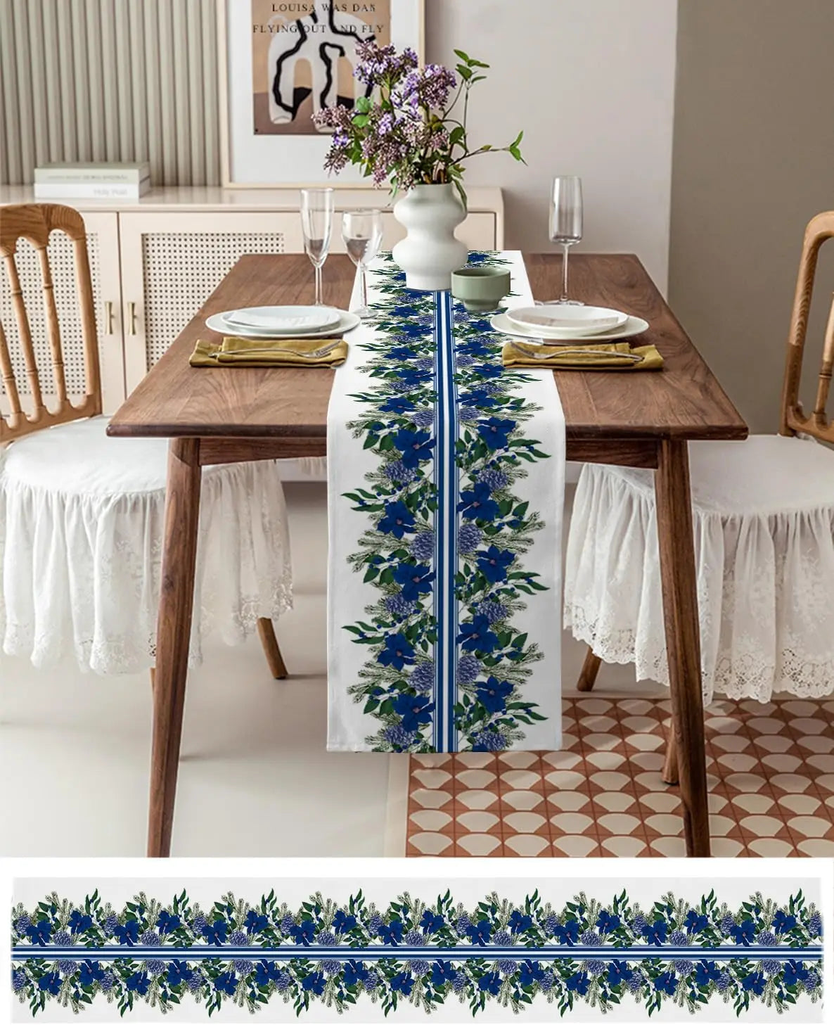 Elegant Blue Poinsettia Table Runner for Holidays - Image 3