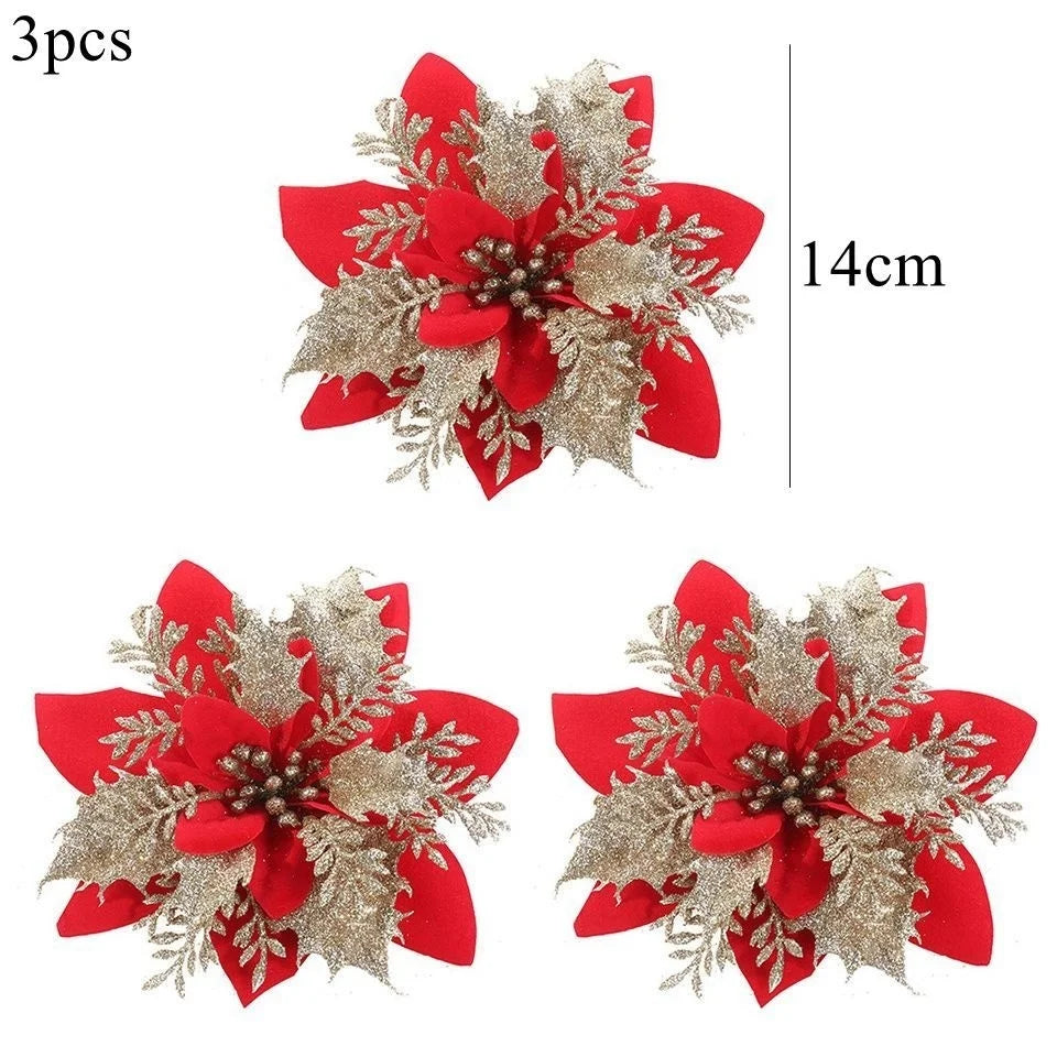 3PCS Red & Gold Christmas Flower Decorations - Image 4