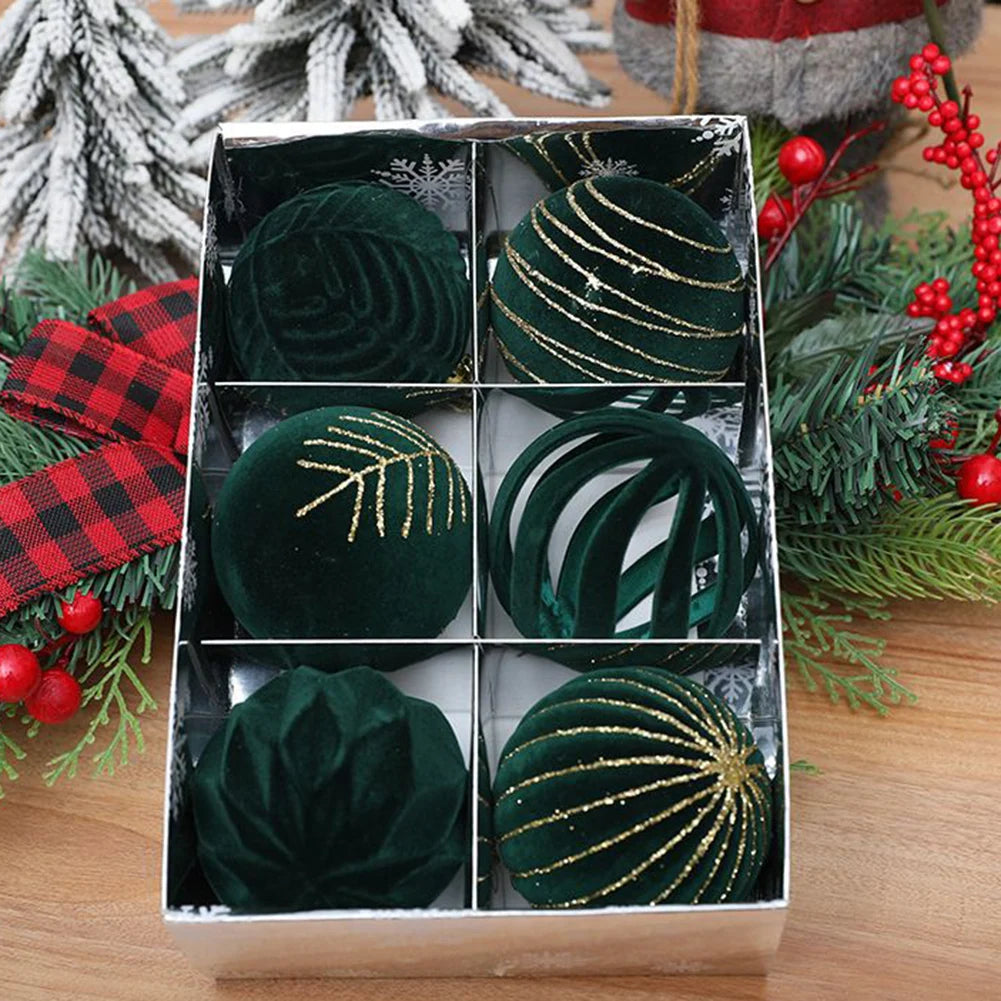 6PCS Flocking Christmas Ball Ornaments - Red & Green - Image 22