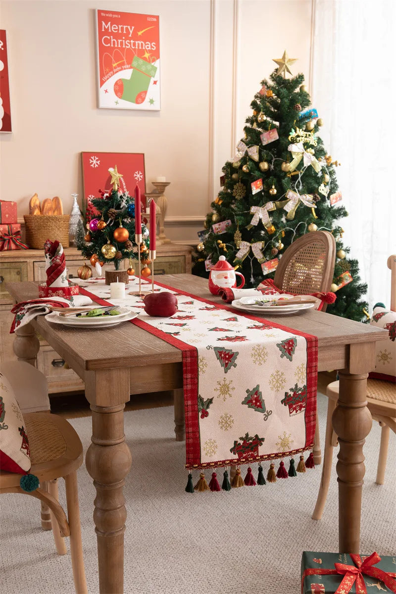 Luxurious Red Jacquard Tassel Table Runner for Christmas - Image 15