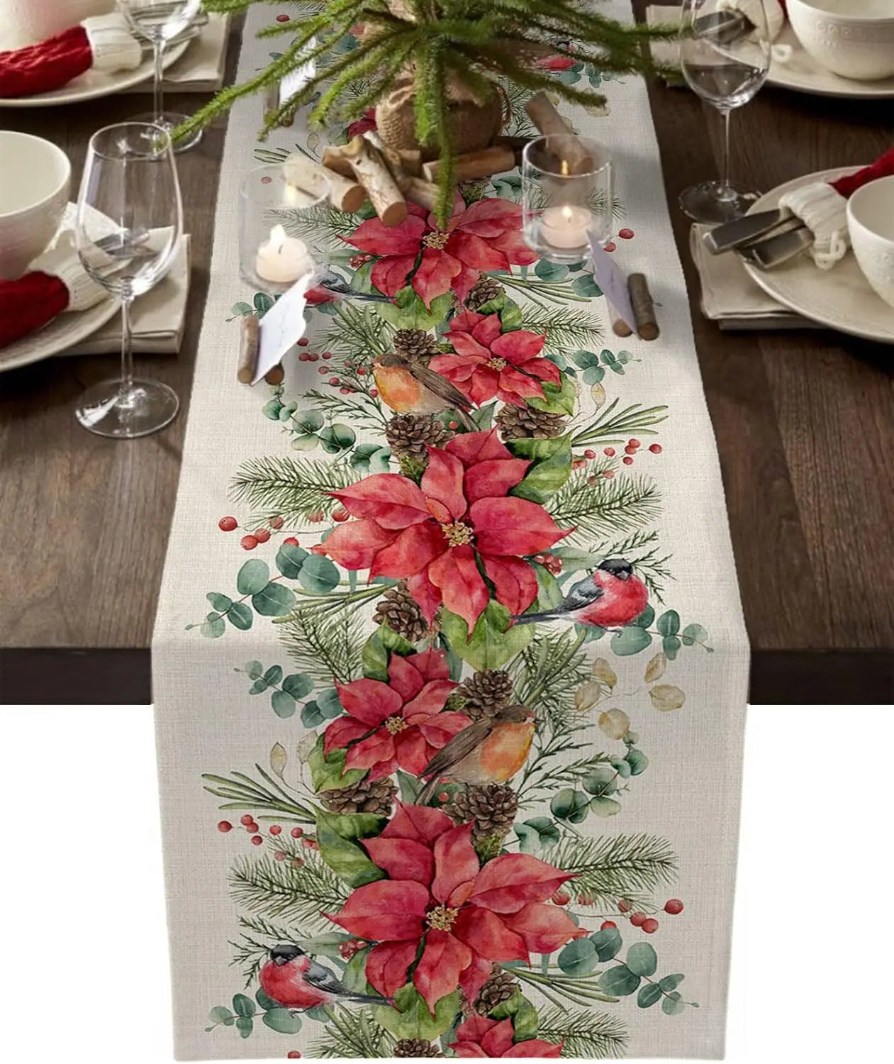 Festive Poinsettia & Eucalyptus Linen Table Runner - Image 4