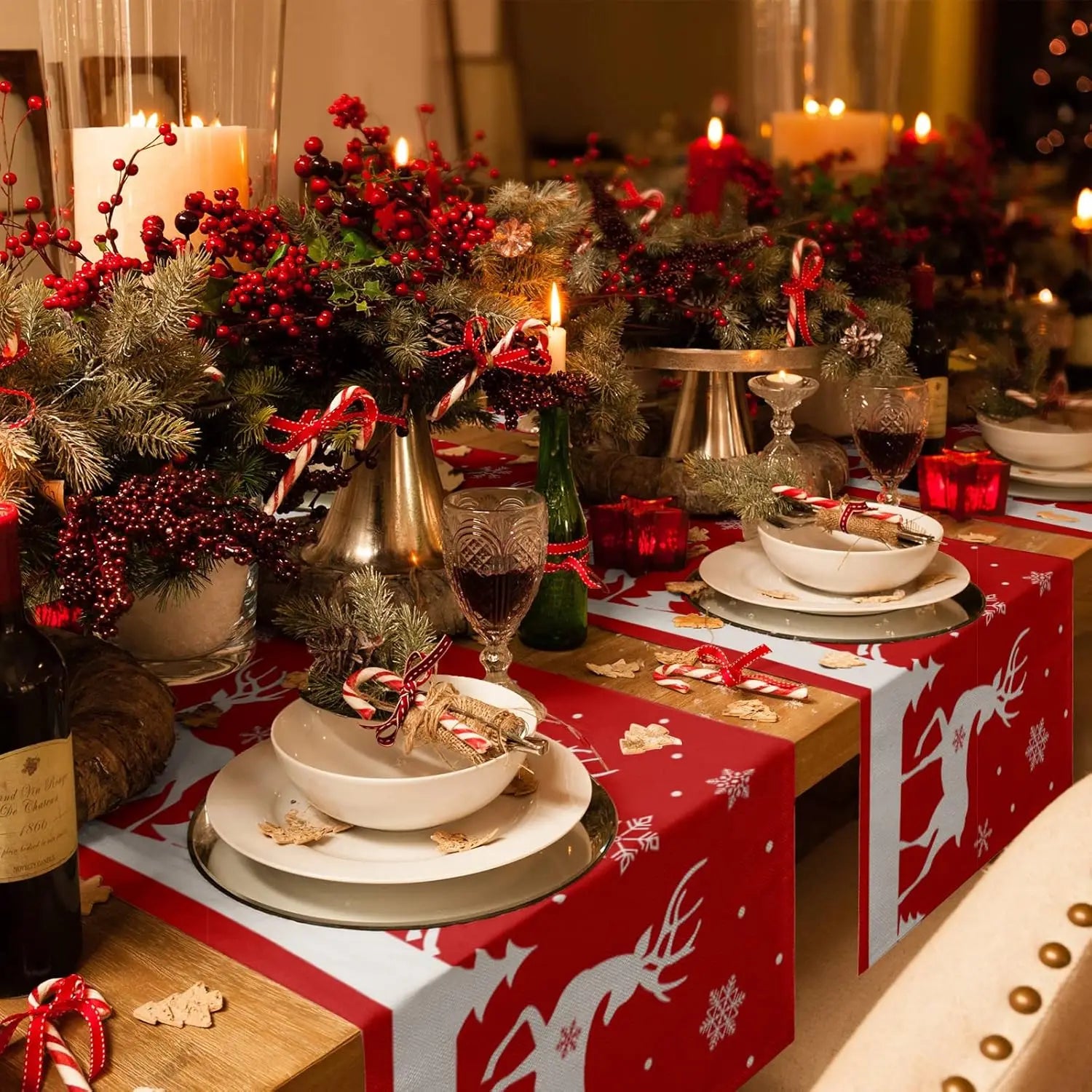 Festive Red Snowflake & Reindeer Table Runner - Image 4