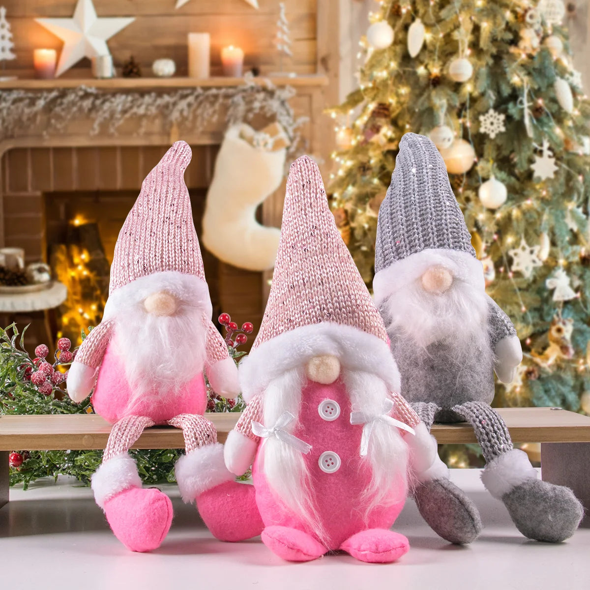 Charming Gray Pink Gnome Doll for Christmas Decor - Image 3