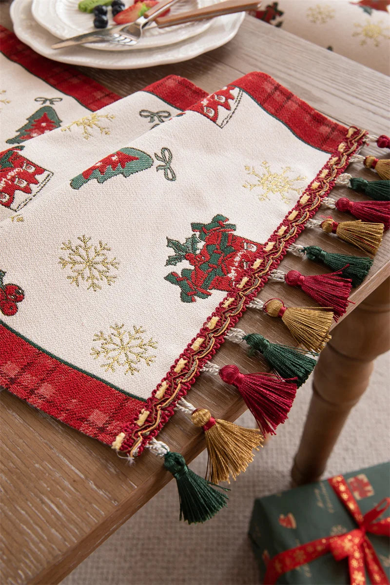 Luxurious Red Jacquard Tassel Table Runner for Christmas - Image 12
