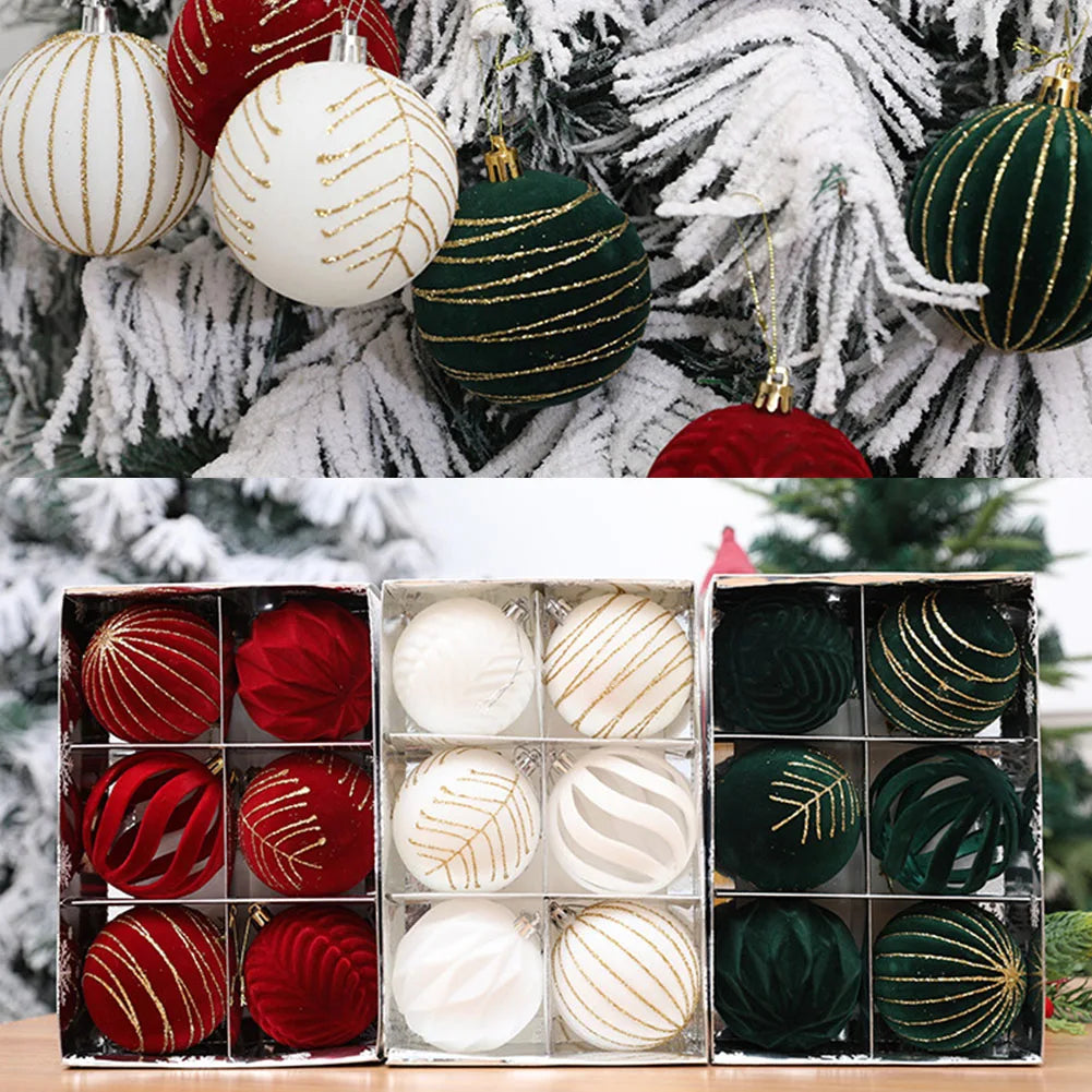 6PCS Flocking Christmas Ball Ornaments - Red & Green - Image 23