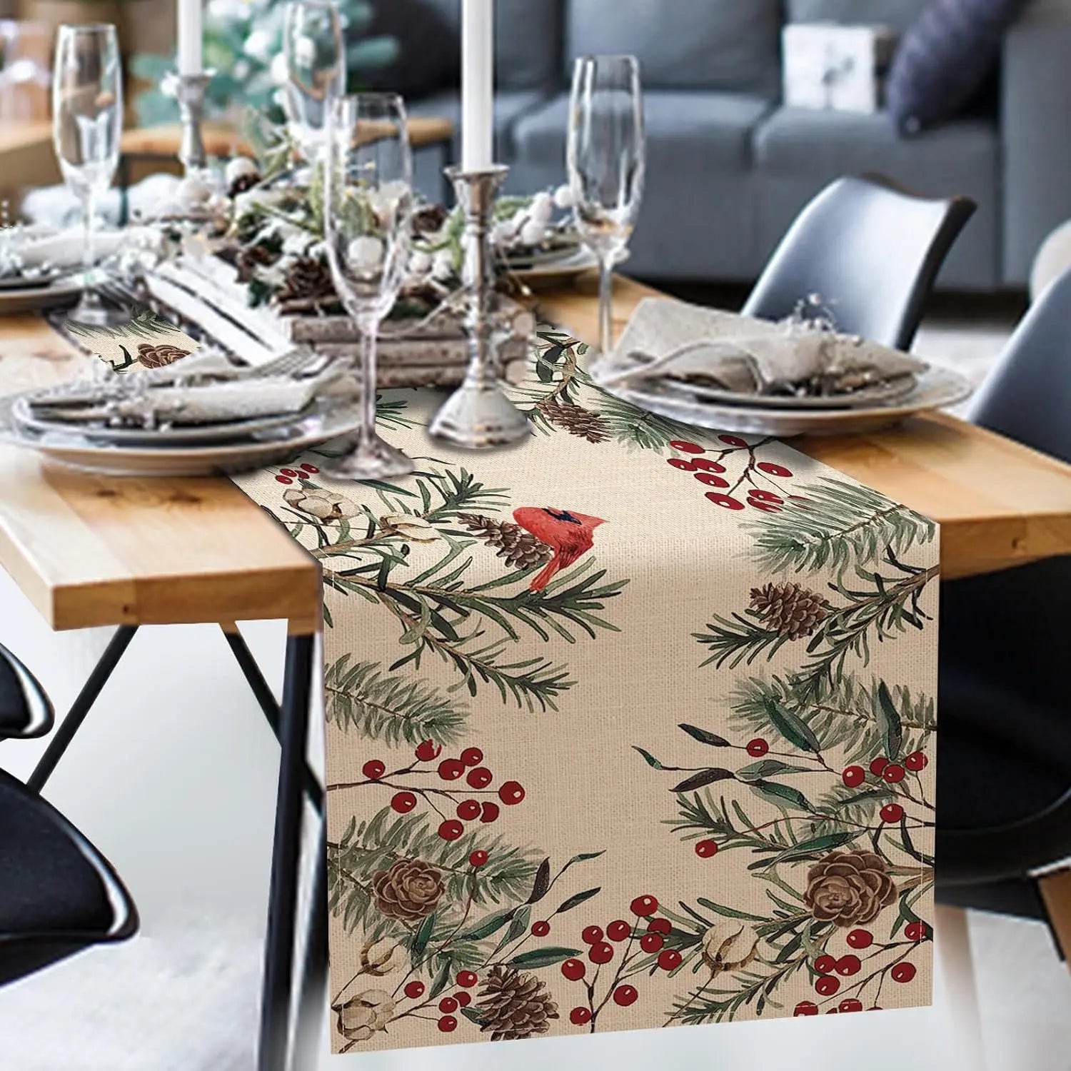 Festive Pine Cone & Cardinal Table Runner - Image 4