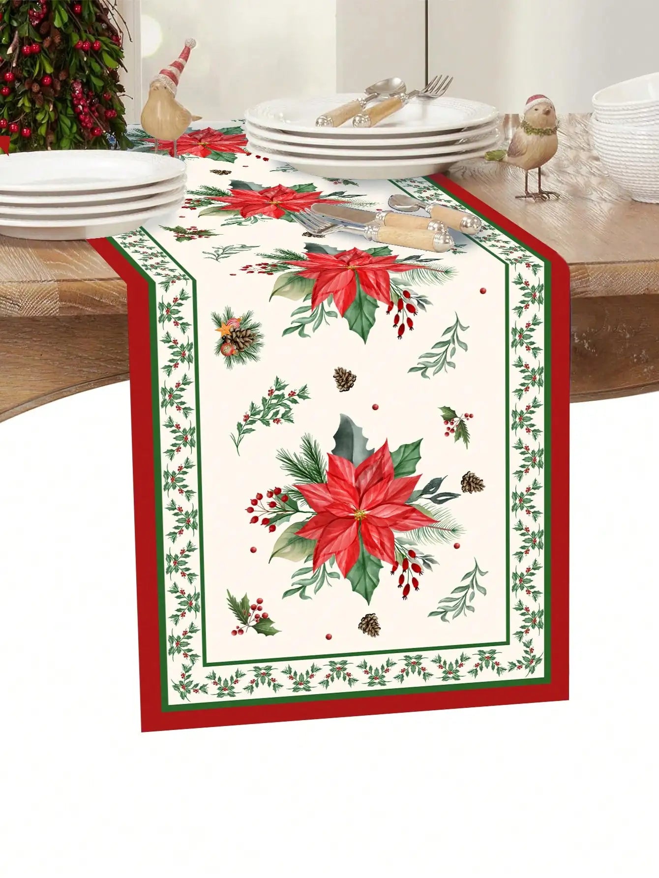 Christmas Poinsettia Linen Table Runner for Festive Decor - Image 9