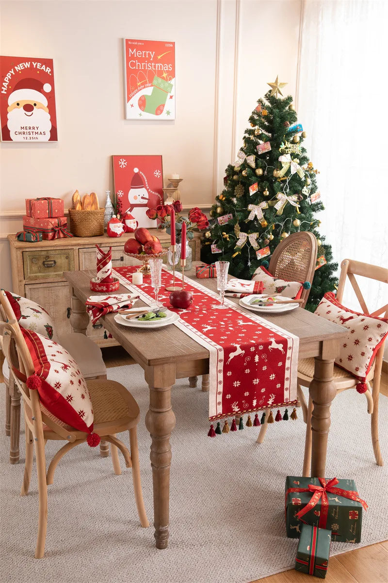 Luxurious Red Jacquard Tassel Table Runner for Christmas - Image 29