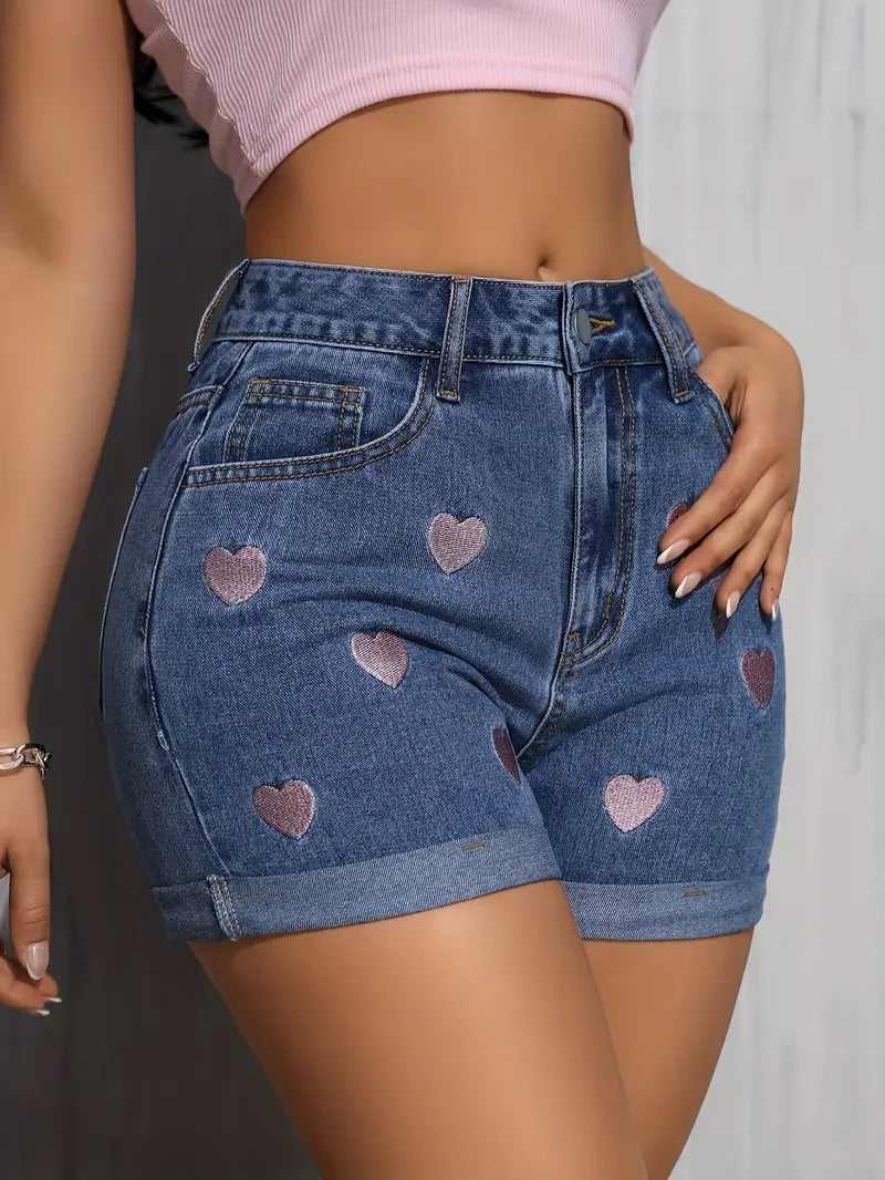 Product Image for Fudus | Shorts Jeans Für Frauen Mit Gesticktem Herzen Und Aufgeschlagenem Saum, Blau / S