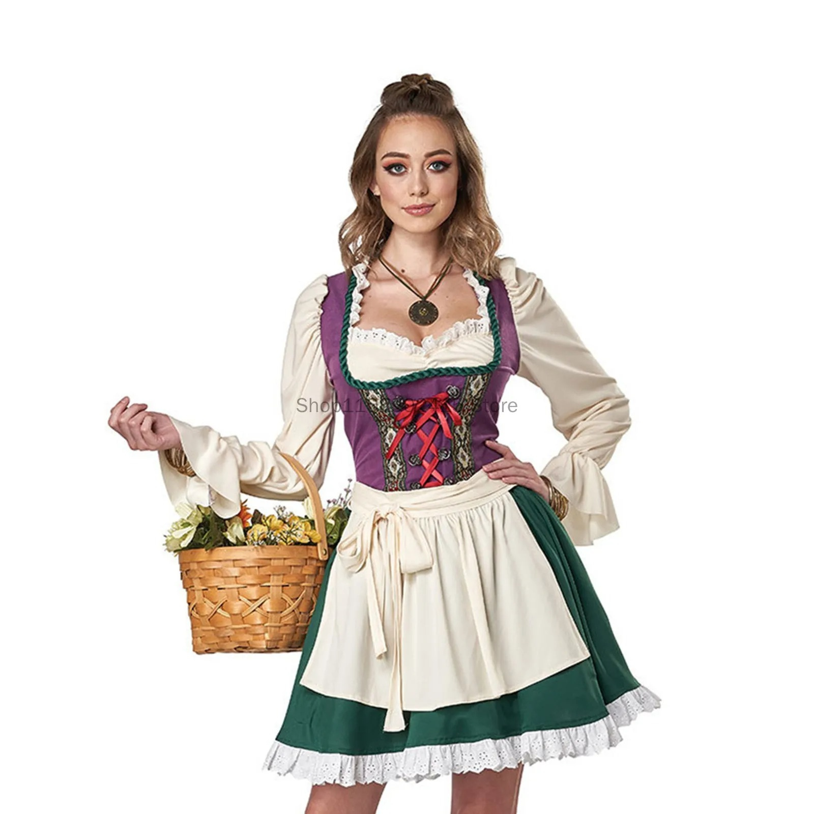 Product Image for Fudus - Dirndl Damen Oktoberfest Outfit mit Spitzen Details und Schleife, Grün-lila / 5XL