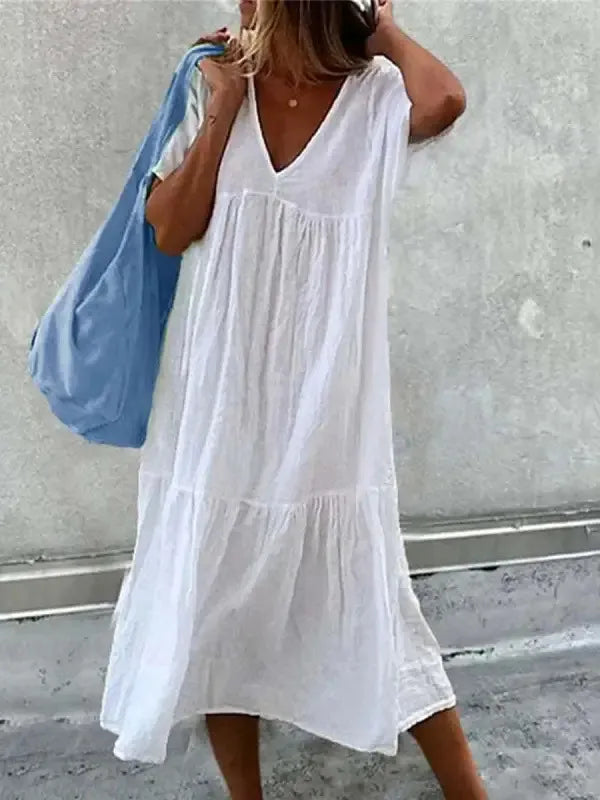 Product Image for Fudus | Boho Strandkleid Für Damen Sommerkleid Mit V-ausschnitt und Kurzen Ärmeln Im Blumenmuster, Weiß / XL