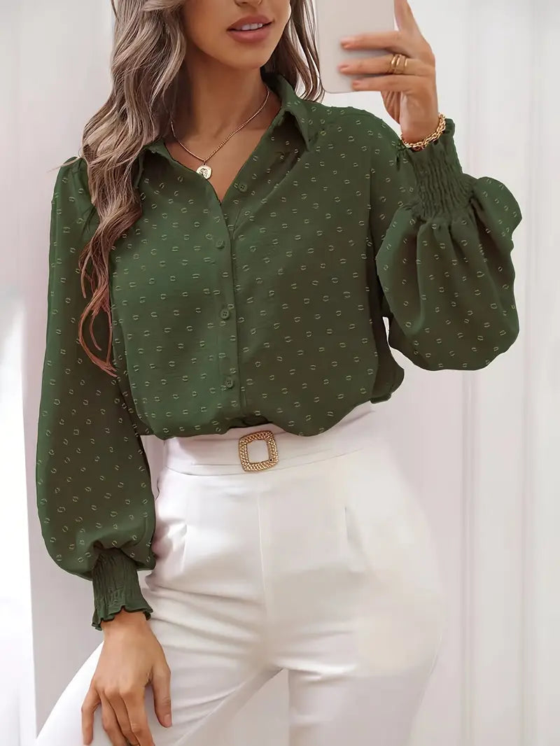 Product Image for Fudus | Knopfbluse Mit Polka Dots Und Gesmokten Ärmeln Für Damen, Olive / XS