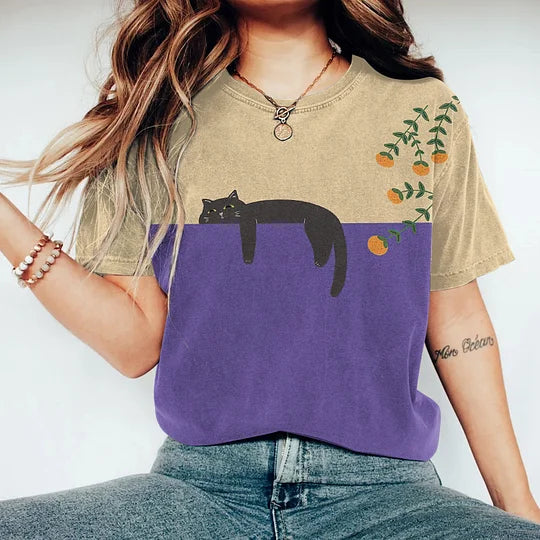 Product Image for Fudus | Zweifarbiges Katzen Grafik T-Shirt Für Damen, Lila / 5XL