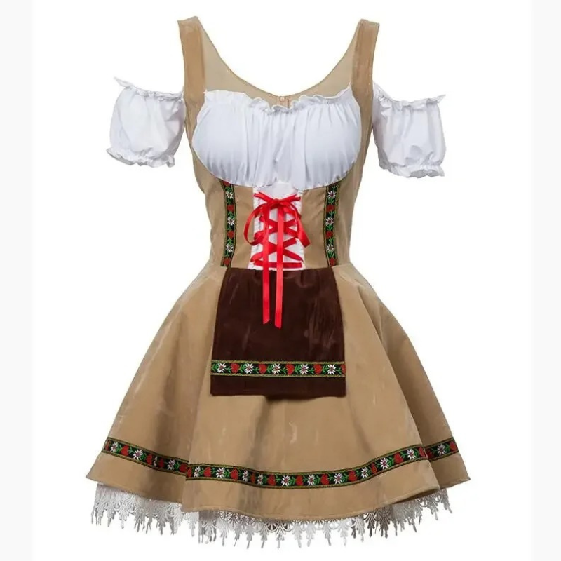 Product Image for Nirland - Dirndl Damen Kleid Set mit Schnürung und Spitzenverarbeitung, Braun-weiß / M