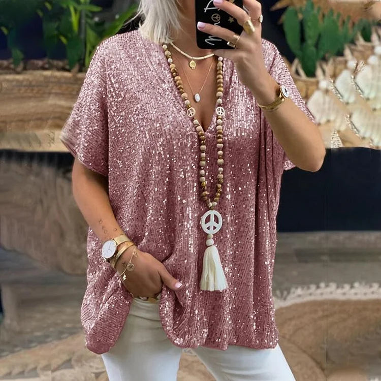 Product Image for Fudus | Paillettenbluse Mit V-Ausschnitt Für Damen, Rosa / 2XL