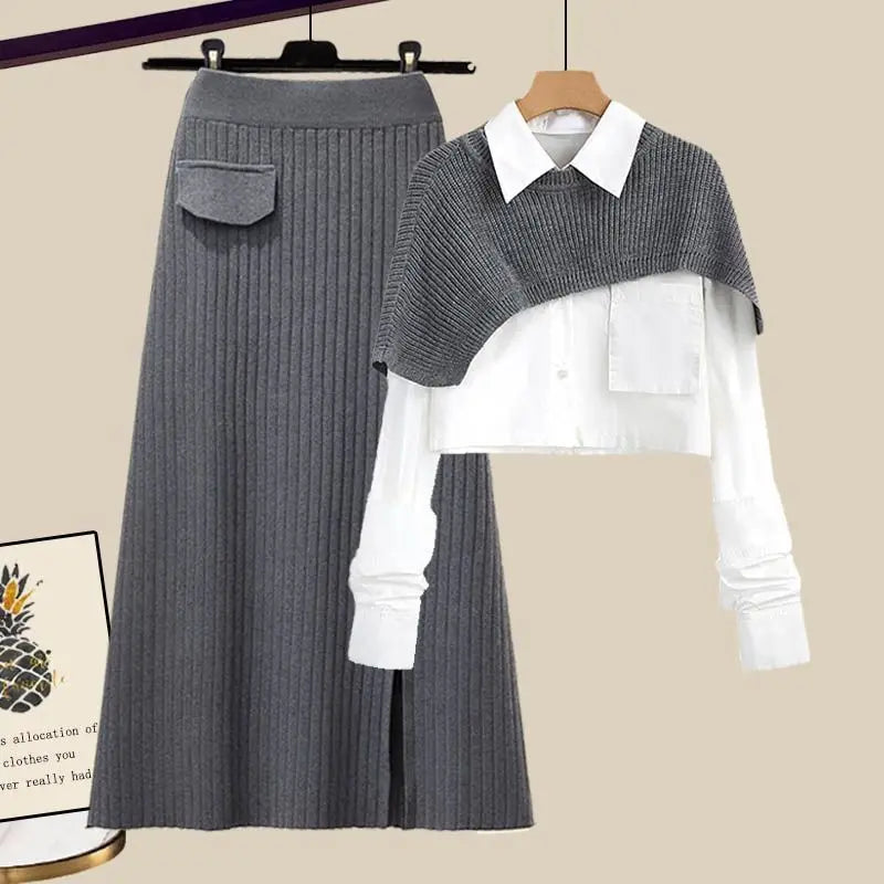 Product Image for Fudus - Set - Shirt mit Schal - Rock mit hoher Taille - Herbst Winter, Graues Set / L