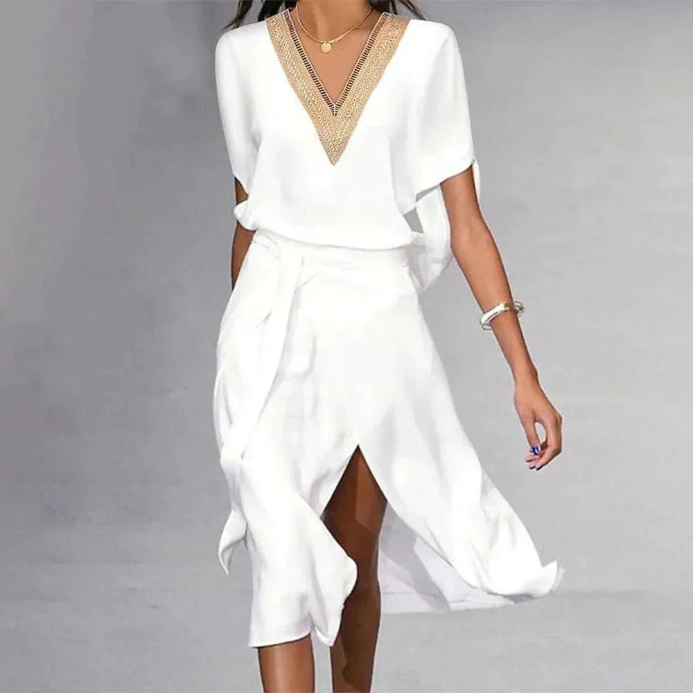 Product Image for Fudus | Modernes Weißes Midikleid Mit V-ausschnitt, Weiß / 4XL