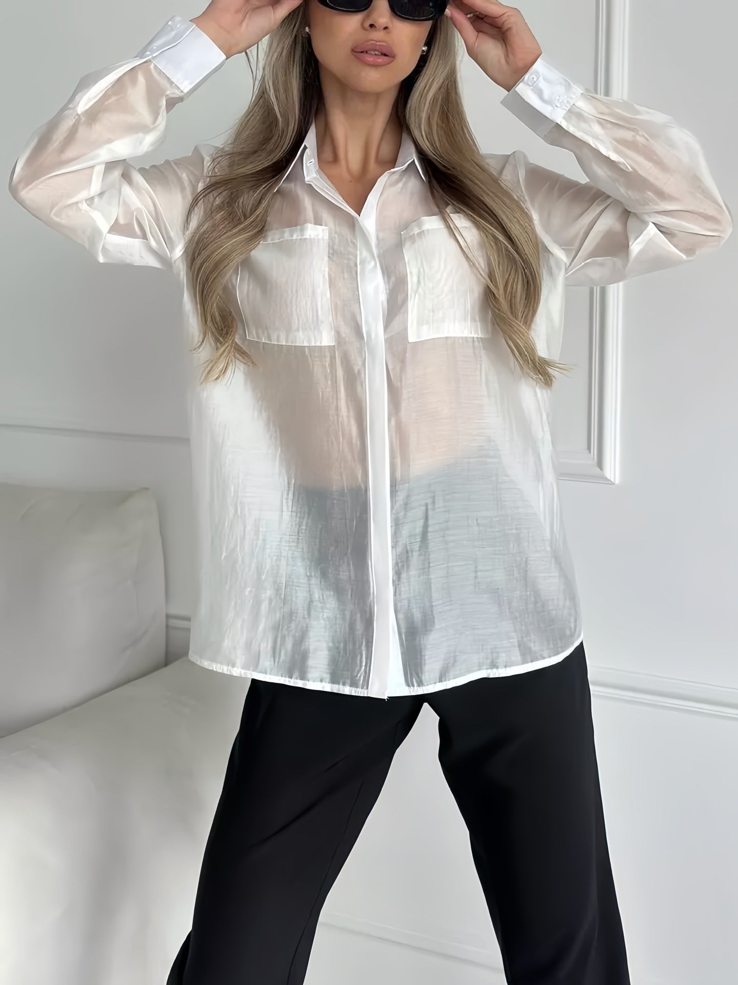 Product Image for Damen Transparente Bluse mit strukturiertem Gewebe und aufgesetzten Taschen Fudus, Weiß / XXXL