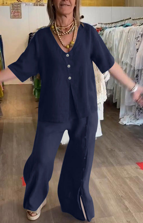 Product Image for Damen Leichtes Leinen Ensemble mit kurzärmeliger Bluse und weit geschnittene Hose Fudus, Dunkelblau / XXXXXX