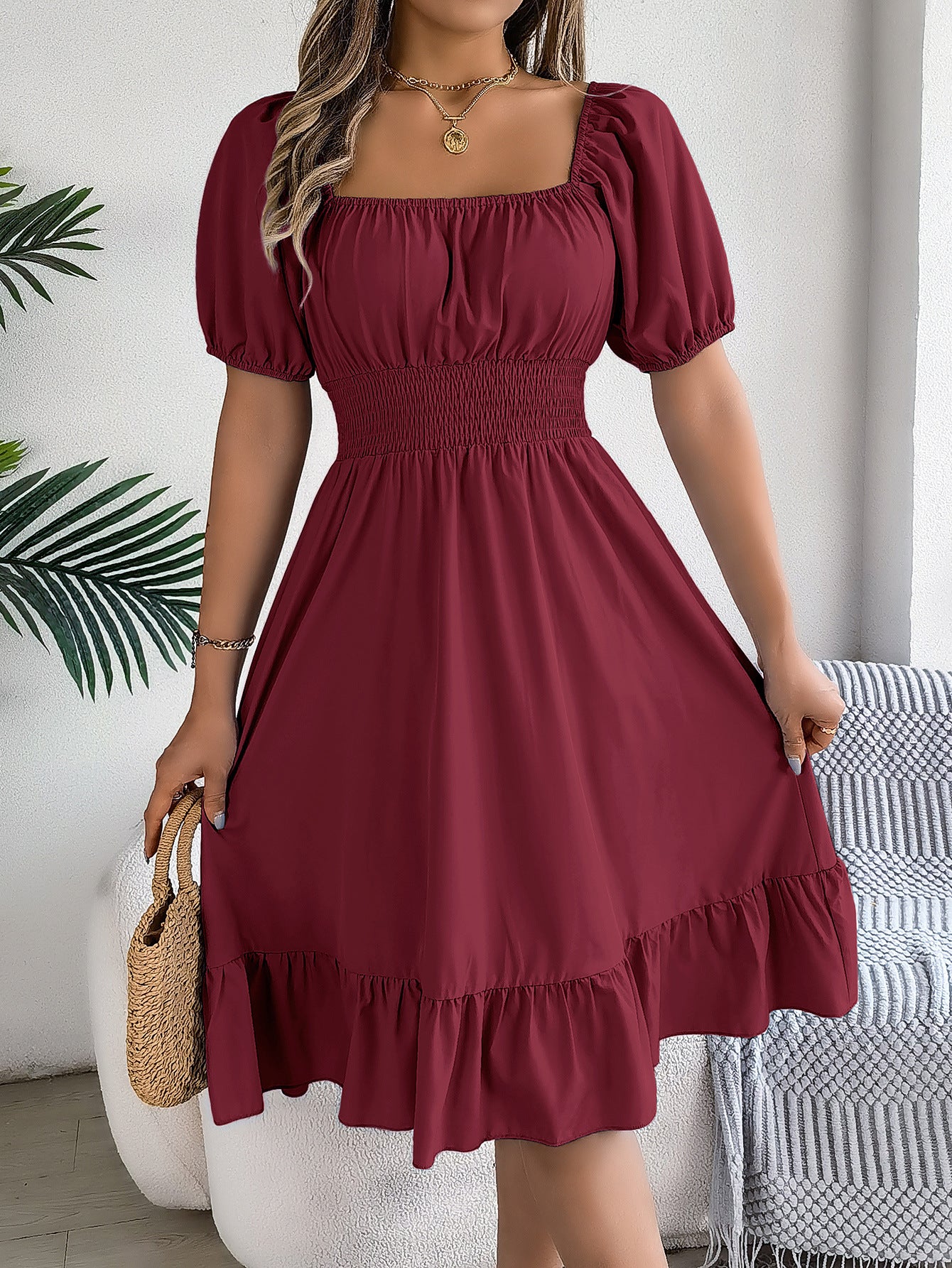 Product Image for Damen luftiges Sommerkleid mit Puffärmeln und ausgestelltem Saum Fudus, Weinrot / XL