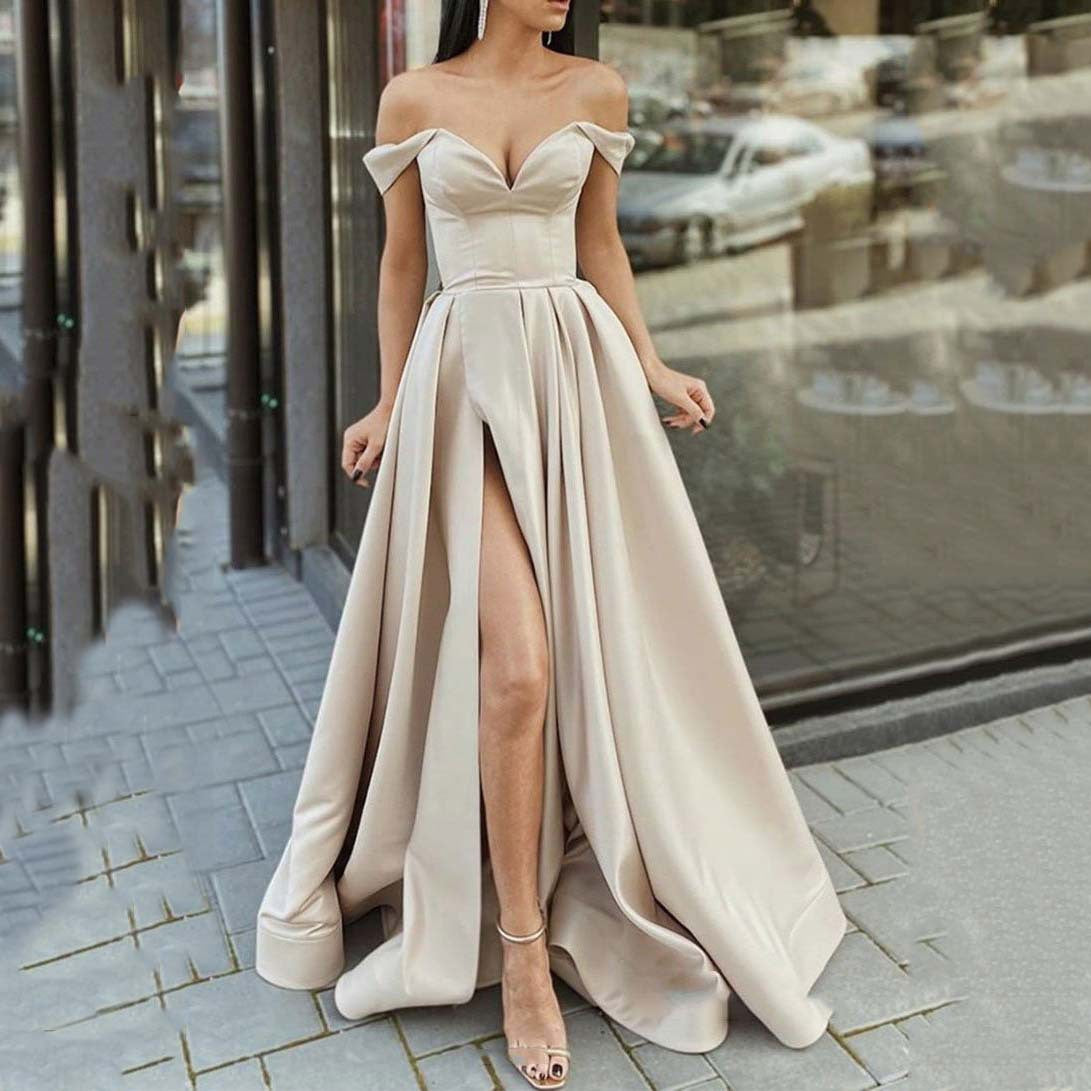 Product Image for Damen Elegantes Ballkleid mit schulterfreiem Design und hohem Schlitz Fudus, Aprikose / L