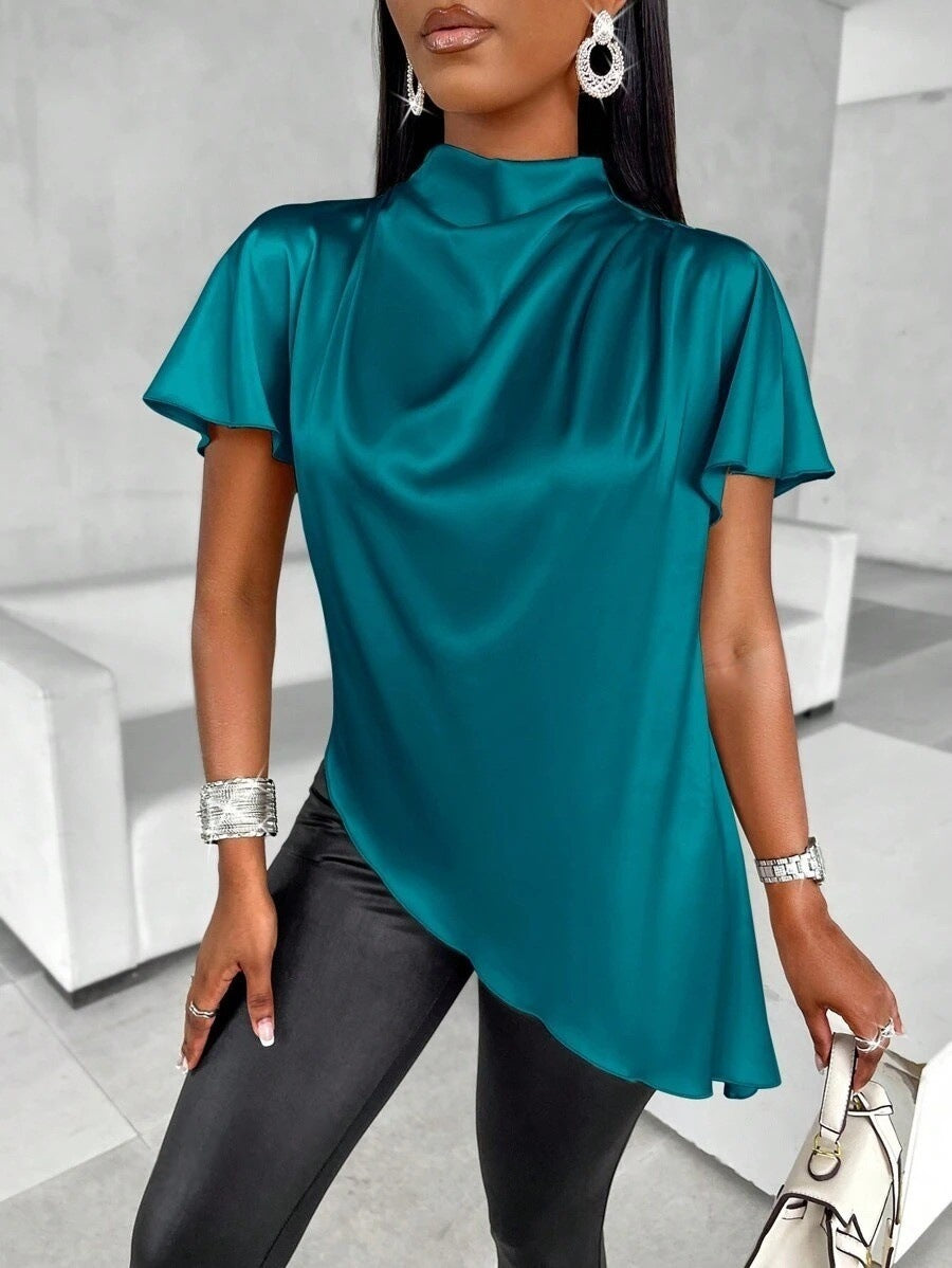 Product Image for Damen asymmetrisches Satinoberteil mit eleganten Puffärmeln Fudus, Grün / S
