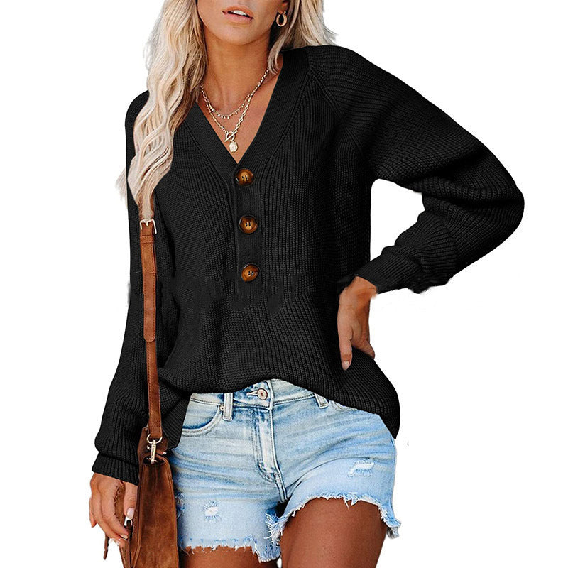 Product Image for Damen Grob gestrickter Pullover mit V-Ausschnitt und dekorativen Knöpfen Fudus, Schwarz / L