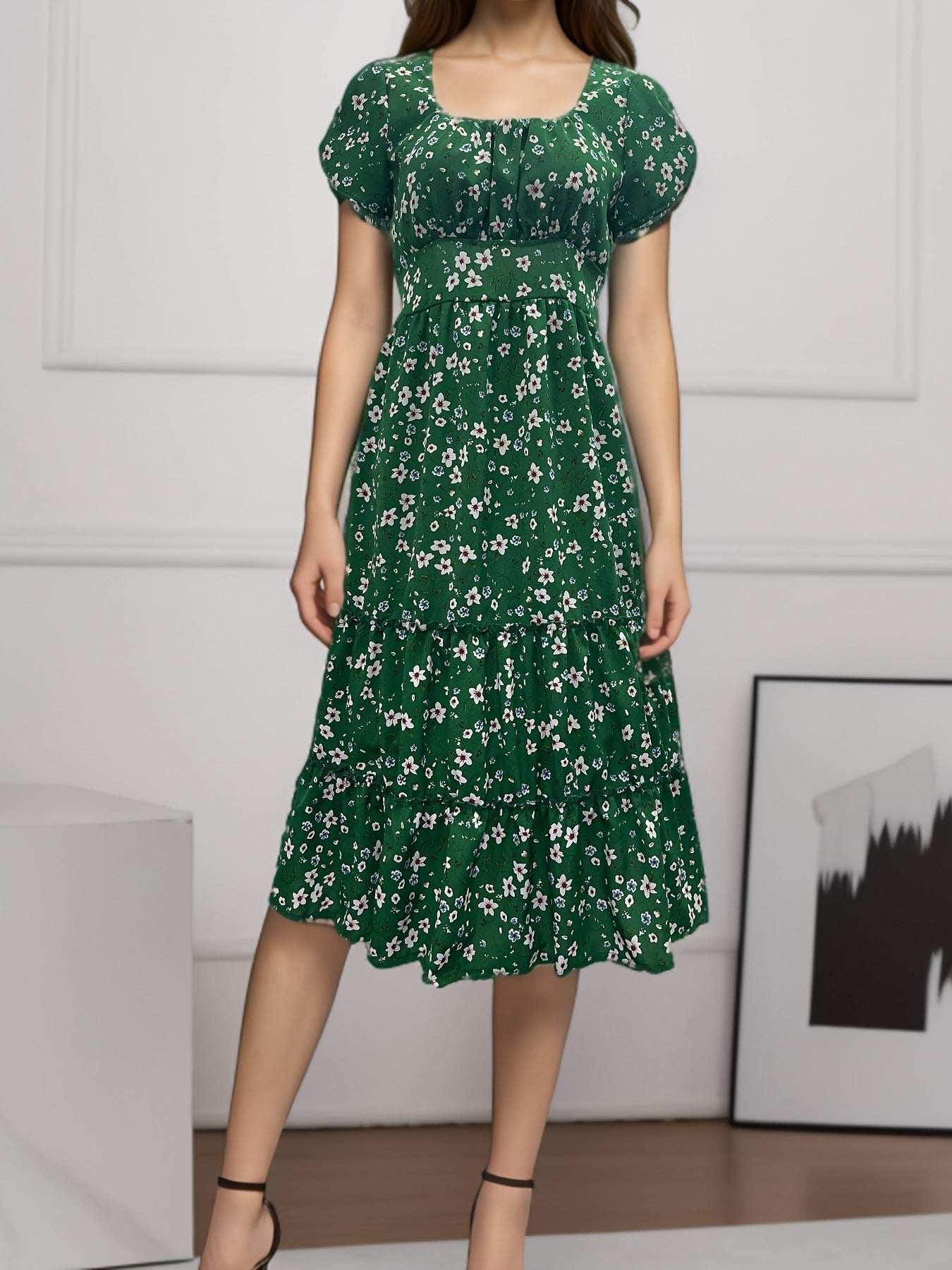 Product Image for Damen Stufenblumen Midi Kleid Fudus, Grün / L