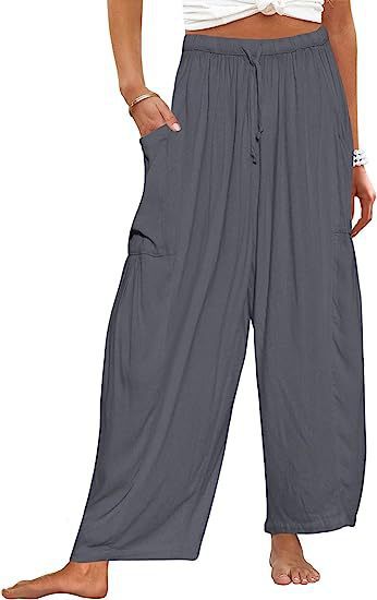 Product Image for Damen lässige weit geschnittene Leinenhose mit praktischen Taschen und elastischem Bund Fudus, Grau / M