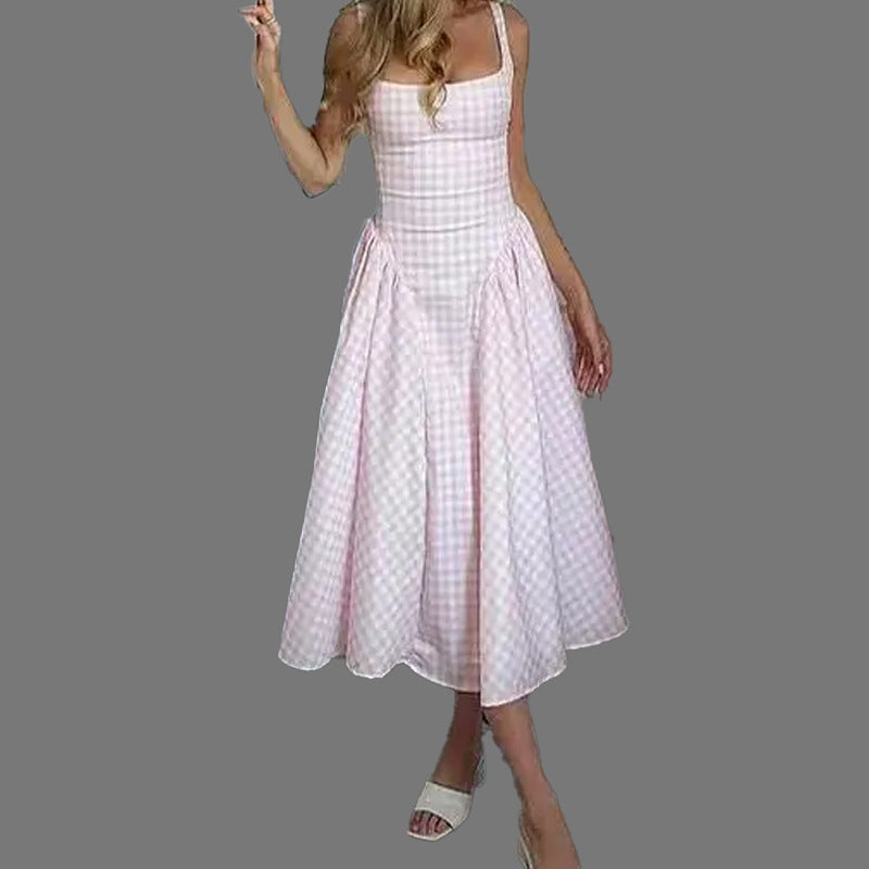 Product Image for Damen Maxi-Kleid mit Kariertem Design und Taschen Fudus, Rosa / M