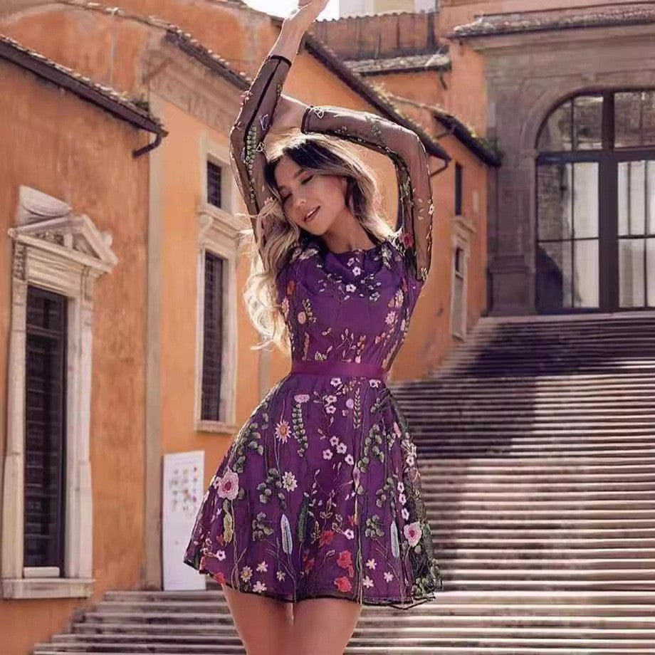 Product Image for Damen Blumenmuster Kleid mit transparenten Ärmeln und Taillengürtel Fudus, Lila / S