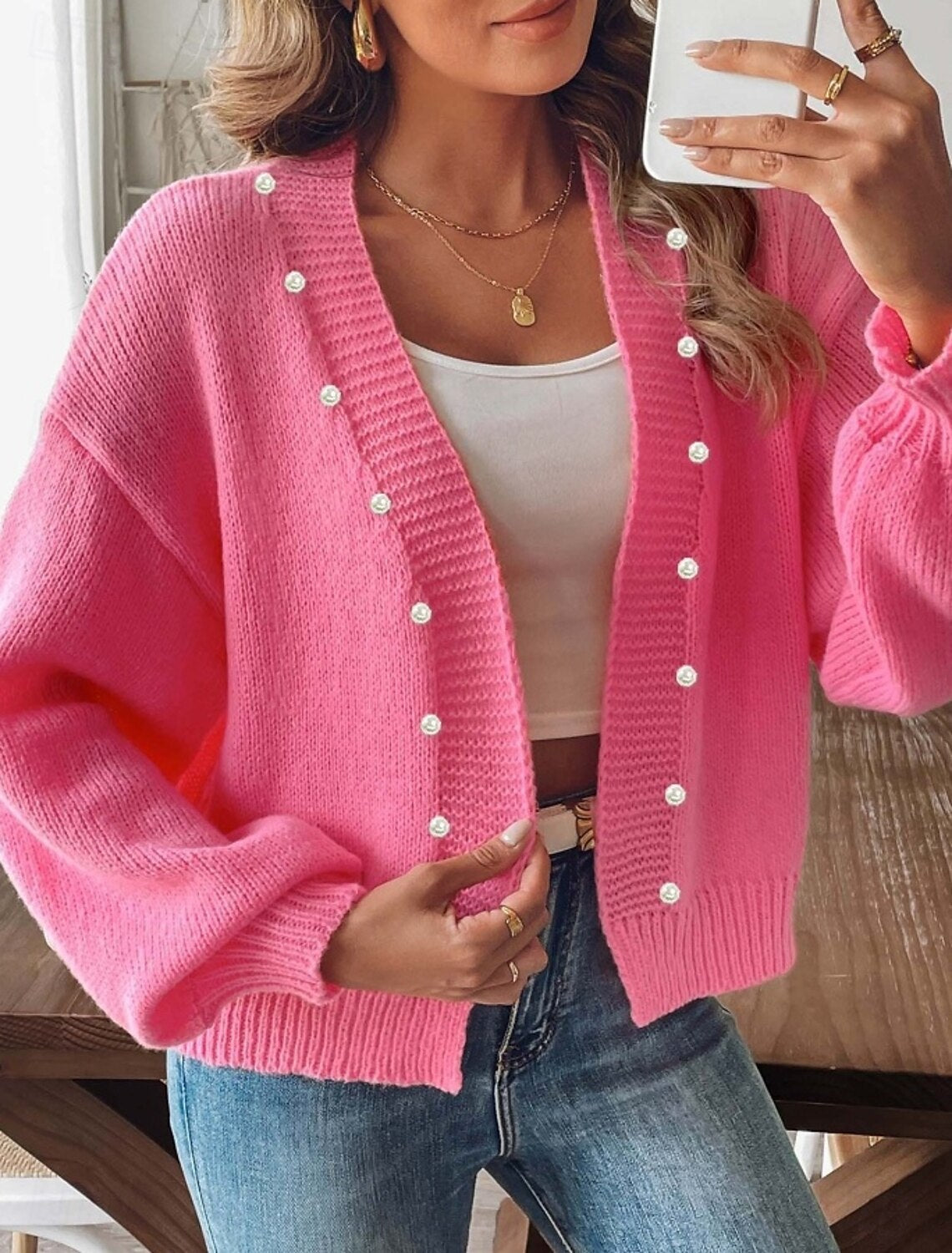 Product Image for Damen Strickjacke mit modischen Perlenknöpfen und lässigem Schnitt Fudus, Tiefes Pink / XXL