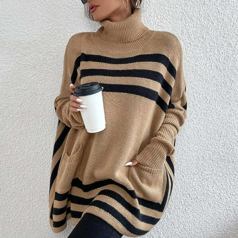 Product Image for Damen Grobstrickpullover mit hohem Kragen und Seitentaschen Fudus, Khaki / M