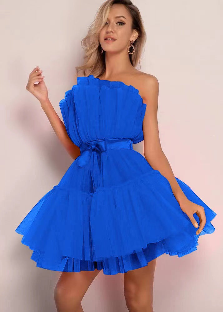 Product Image for Damen Tüllkleid mit asymmetrischem Ausschnitt und schwingendem Volant Fudus, Blau / S