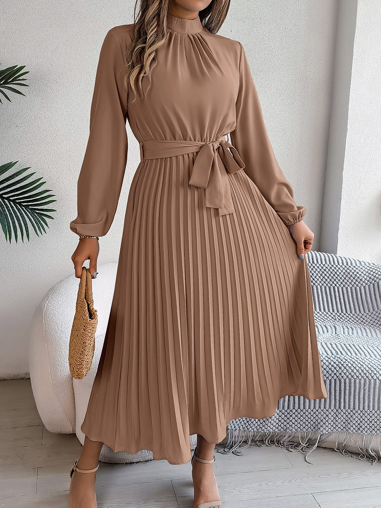 Product Image for Fudus | Elegante Stehkragen Taillierter Plissierter Langer Rock kleines Kleid, Khaki / L