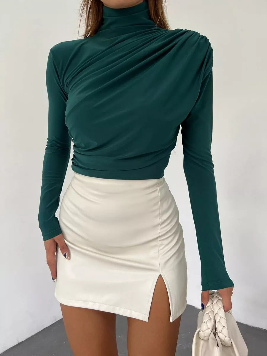 Product Image for Damen Langarm Shirt mit elegantem Stehkragen und raffiniertem Drapé Fudus, Dunkelgrün / M