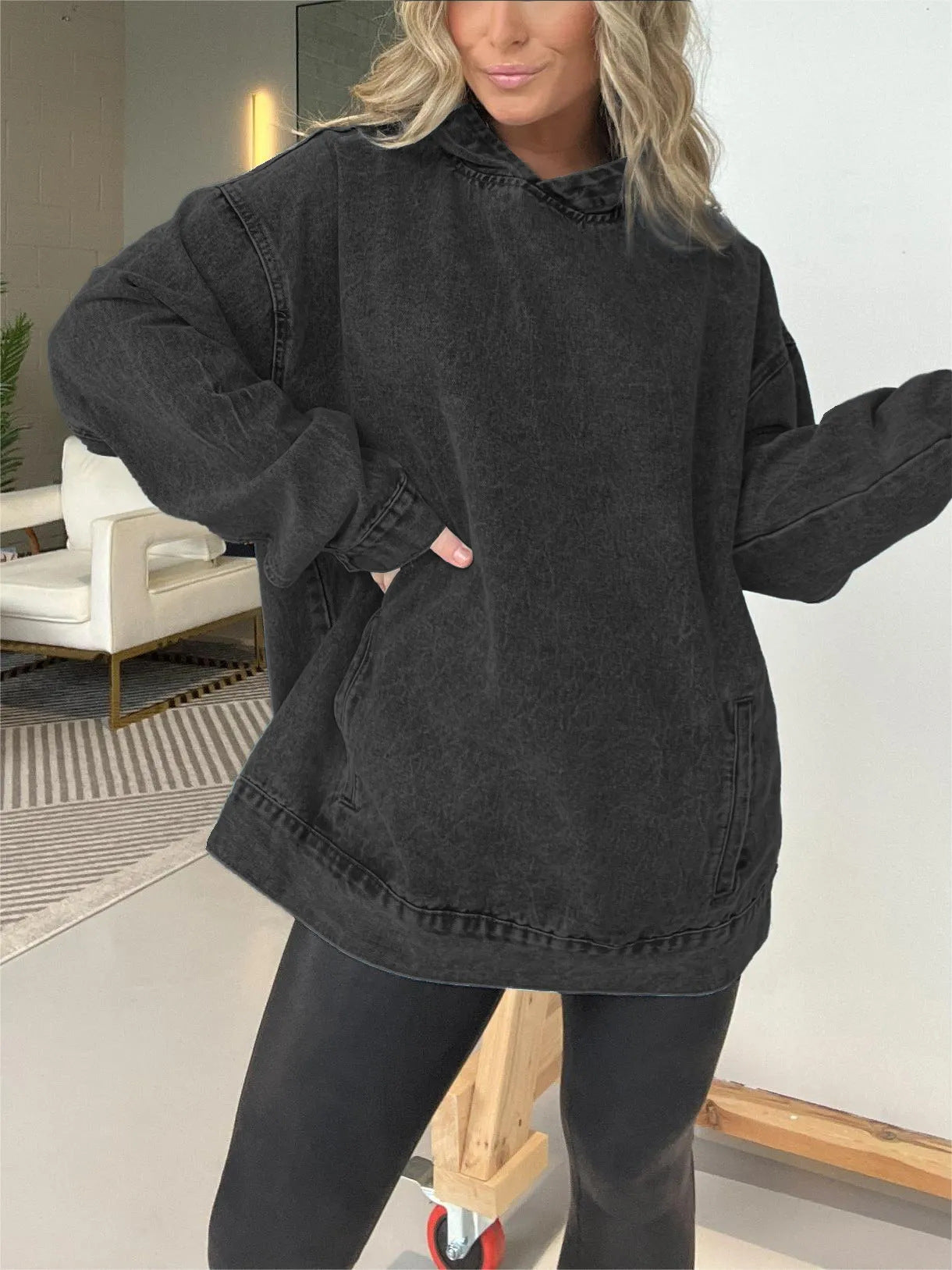 Product Image for Damen Oversized Hoodie aus Denim mit praktischem Kängurutasche Fudus, Schwarz / S