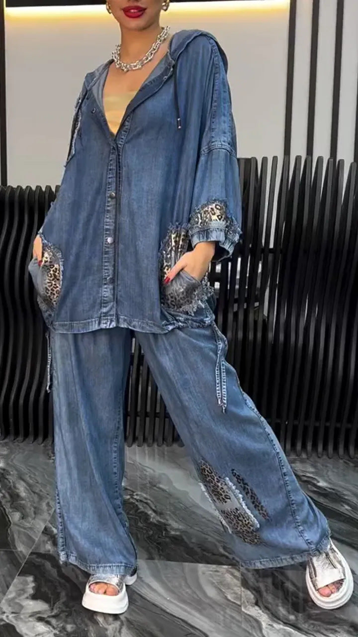 Product Image for Damen lässiges Denim-Set mit Kapuze und animalischen Akzenten Fudus, Hellblau / XXL
